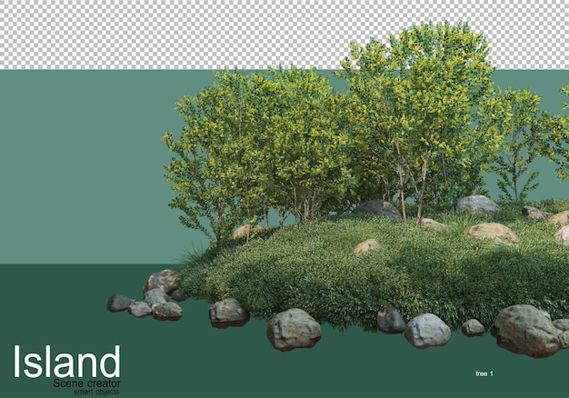 島のさまざまな種類の木の3dレンダリング