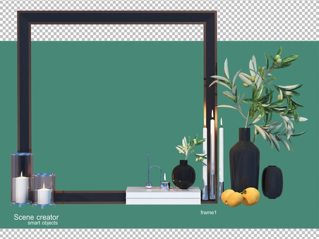 3d rendering of vase with various elements and frame arrangement