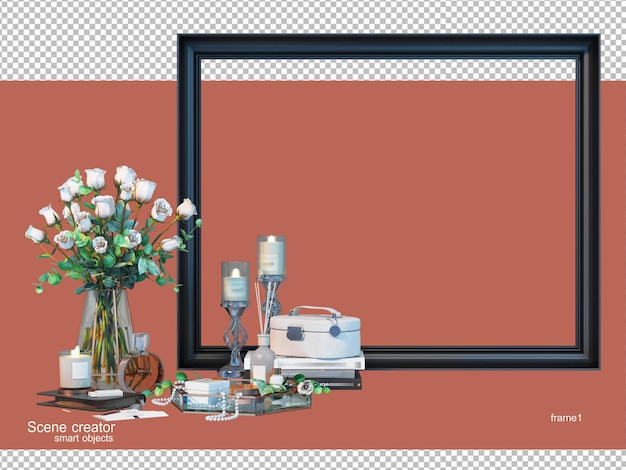 3d rendering of vase with various elements and frame arrangement