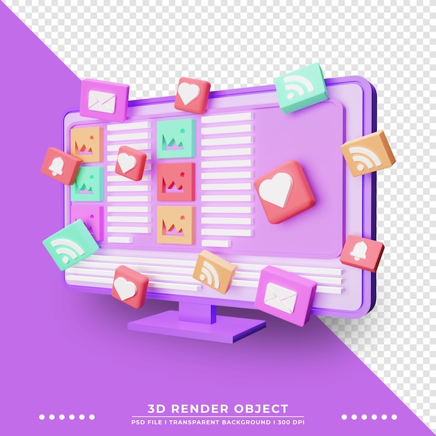 3D rendering of video player website with various icon ornaments