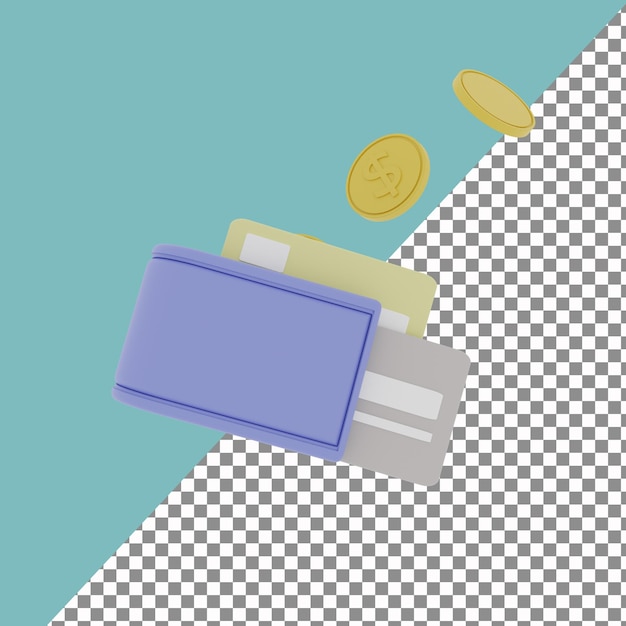 PSD 지갑과 동전 아이콘의 3d 렌더링