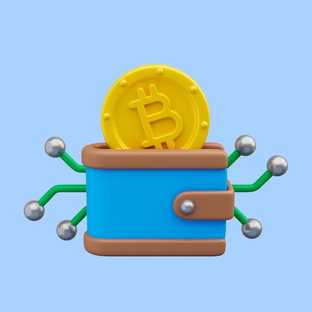 PSD bitcoin 아이콘이 있는 지갑의 3d 렌더링