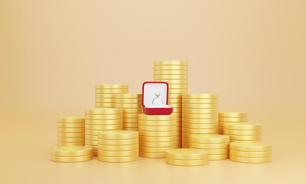 3d Rendering of wedding rings on stack of coins