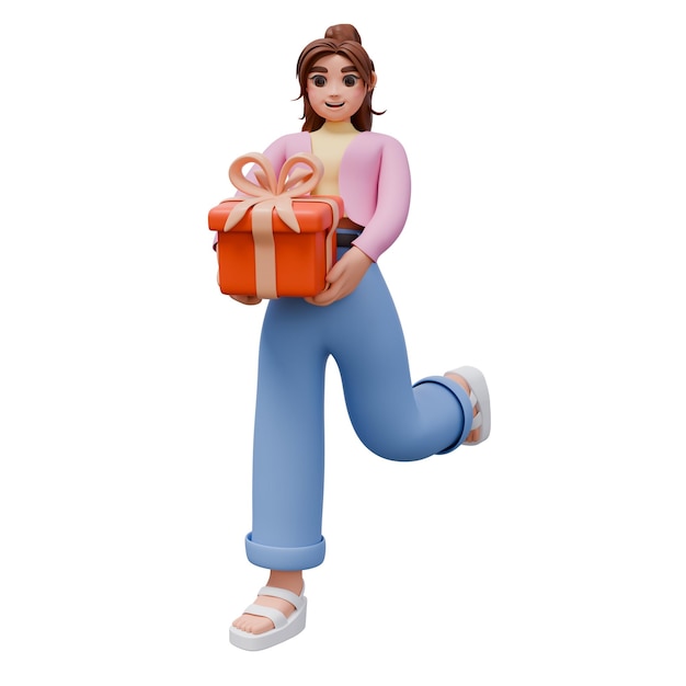 3D rendering of woman character holding red gift box