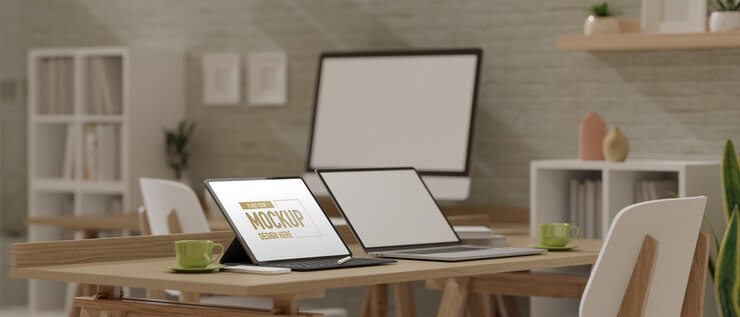 PSD 3d rendering of office desk with computer mockup