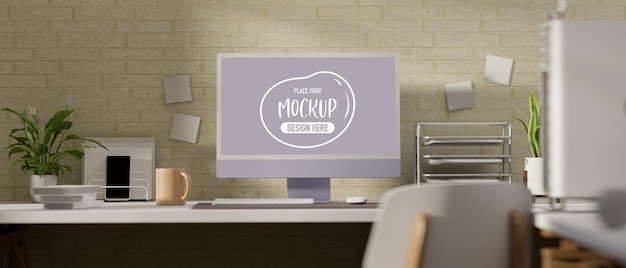 3D rendering, office desk with computer monitor office supplies and decorations on the desk 