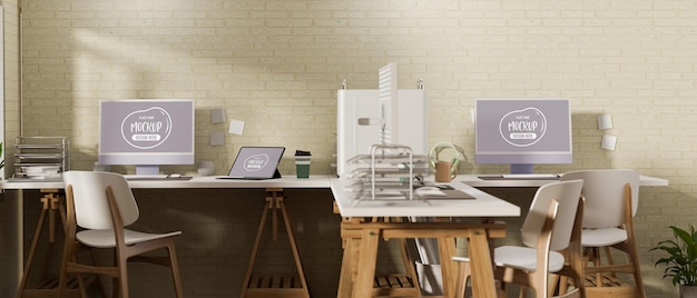 PSD 3d rendering office room interior design with office desk computer devices mockup