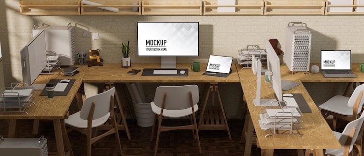 PSD 3d rendering of office room mockup screen computer devices