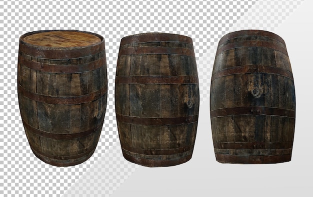 PSD 3d rendering old wooden barrel perspective view