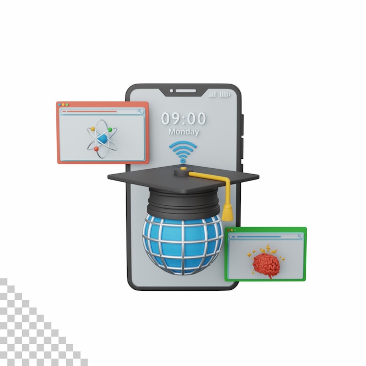 PSD 3d-рендеринг онлайн-образовательного приложения, изолированного полезно для знаний о технологиях образования и школы