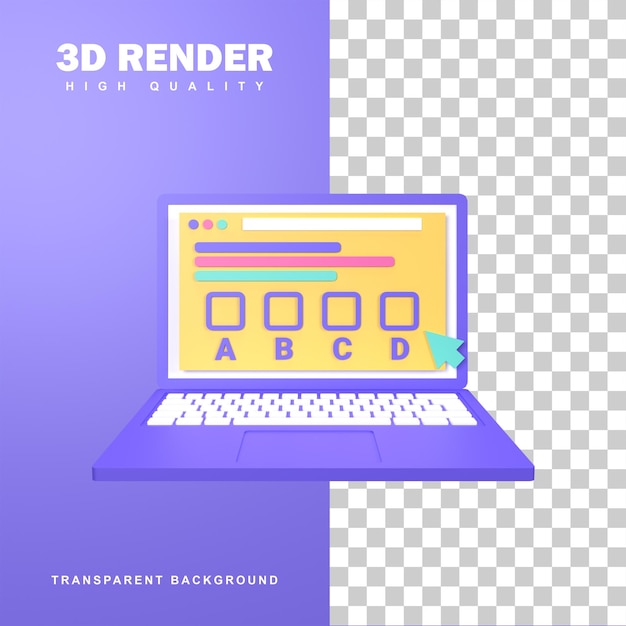 自宅での学習条件を使用した3dレンダリングオンライン試験の概念。