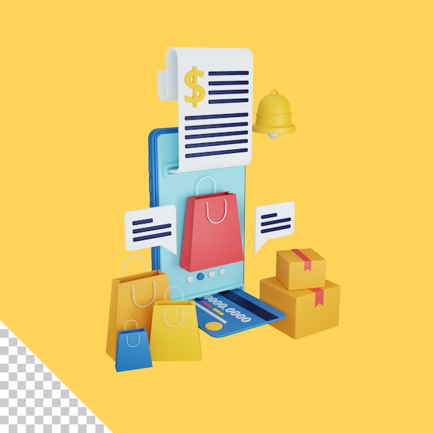 3d rendering online shopping or payment concept with invoice paper and colorful debit card