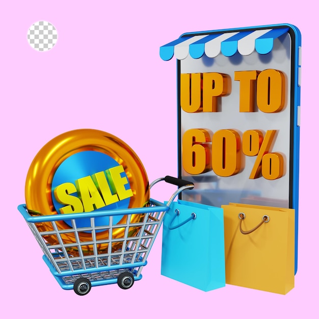 3d rendering of online shopping with 60 percent sale