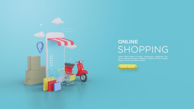 Rendering 3d dello shopping online con sfumature fresche e colori blu brillanti