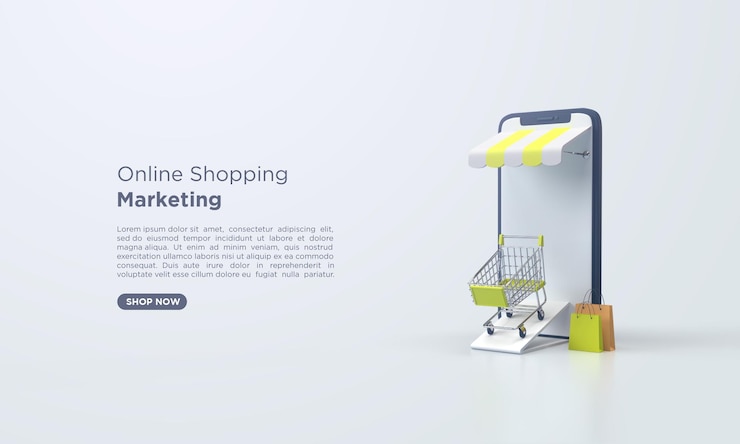PSD 3d rendering online shopping with mobile and shopping bag