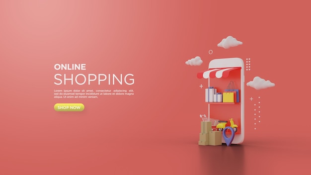 3d rendering of online shopping with a smartphone as a shop