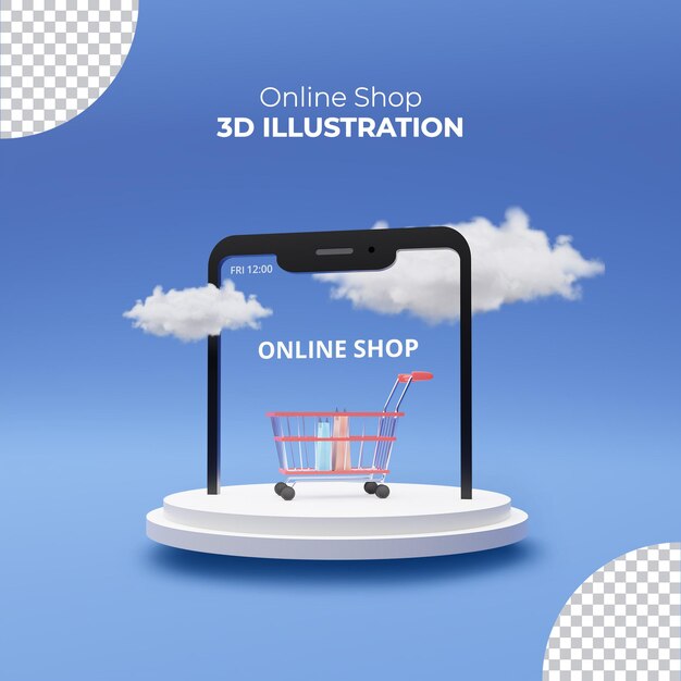 PSD 3d-rendering online winkelwagentje met smartphone op houten podium