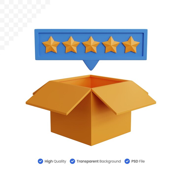 3d rendering open box with five stars isolated