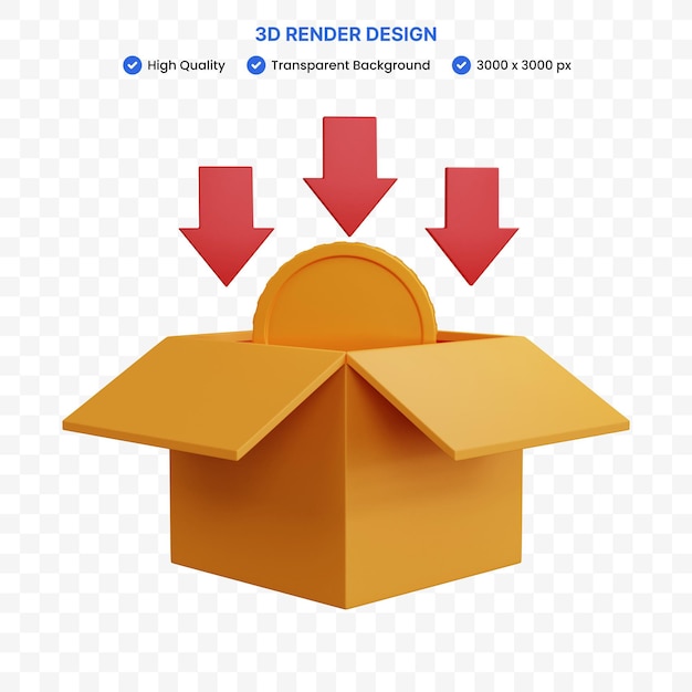 3D-рендеринг открытой картонной коробки с монетами и изолированной стрелкой вниз