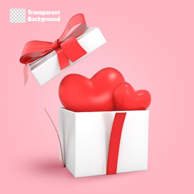 PSD 3d-рендеринг открытой подарочной коробки с сердечками