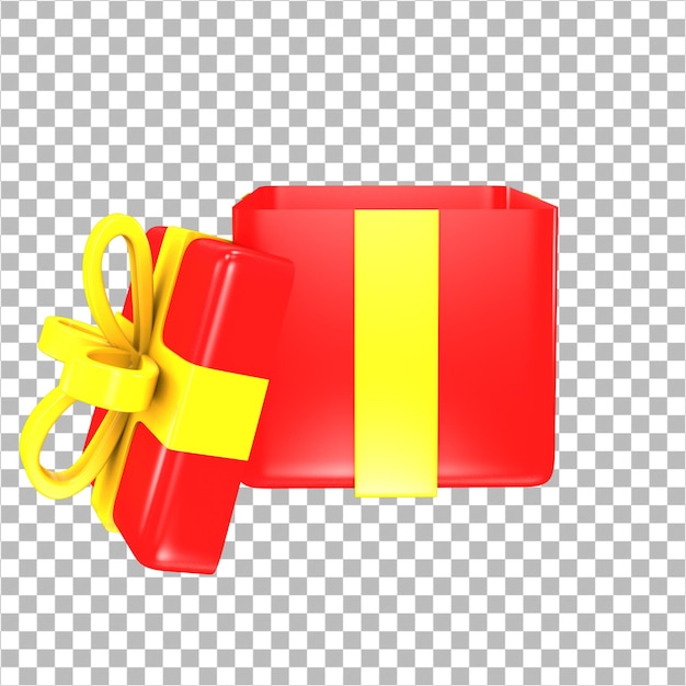 PSD 3d-rendering open verrassing rode geschenkdoos met geel lint geïsoleerd