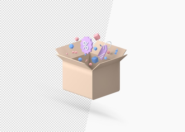 PSD confezioni regalo aperte rendering 3d con simboli di sconto