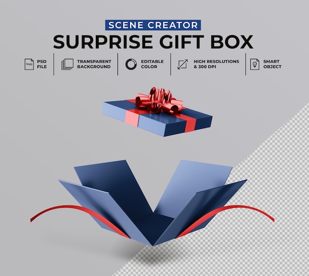 PSD 3d rendering of opened surprise gift box for scene creator mockup