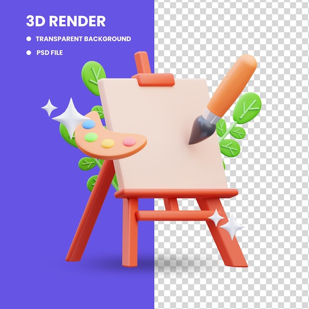 3d rendering of painting board icon illustration with color paint holder and brush, back to school