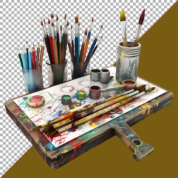 PSD 3d rendering of a painting box of painter with brushes on transparent background ai generated