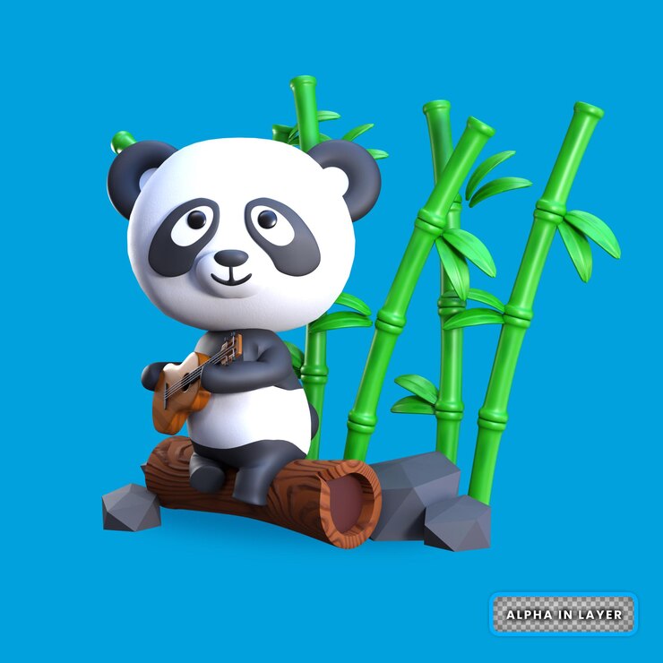 PSD 3d rendering panda sitting on a tree trunk playing guitar illustration