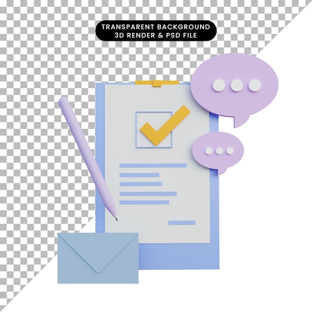 3d rendering of of paper object pen letter chat bubble icon