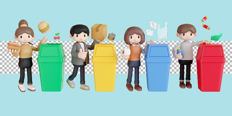 PSD 3d rendering people standing and separating waste into different categories transparent