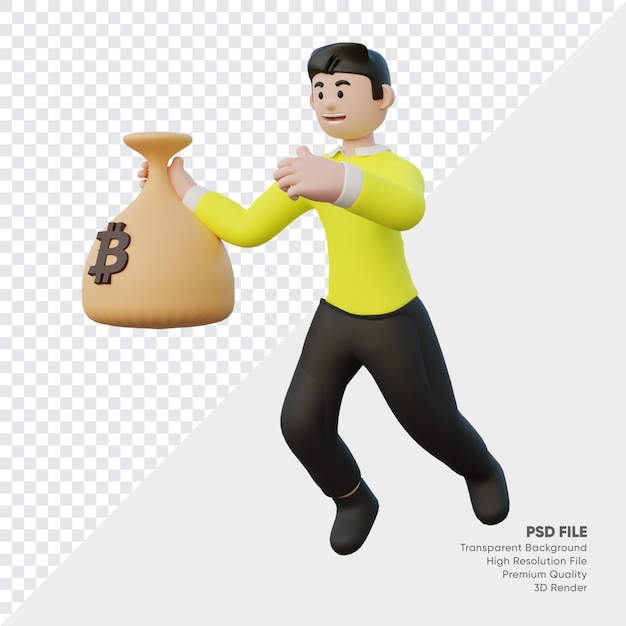 3d rendering of person holding bitcoin sack