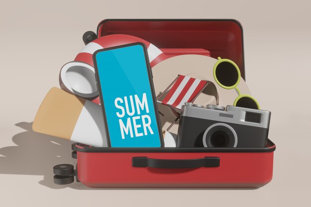 PSD 3d rendering phone display summer mockup for scene creator