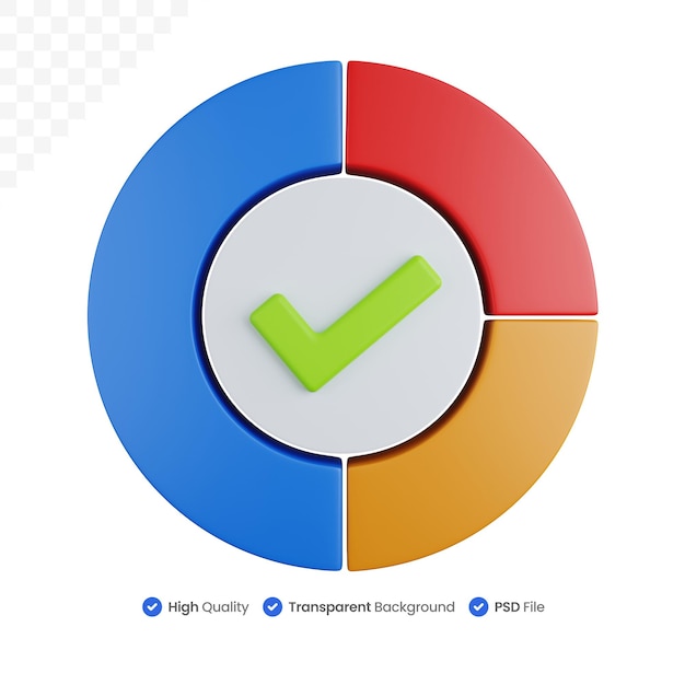 3d rendering pie chart with tick symbol in the middle isolated
