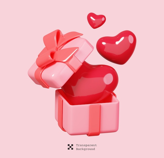 PSD contenitori di regali rosa di rendering 3d. scatola regalo aperta piena di cuore rosso isolato. 14 febbraio buon san valentino