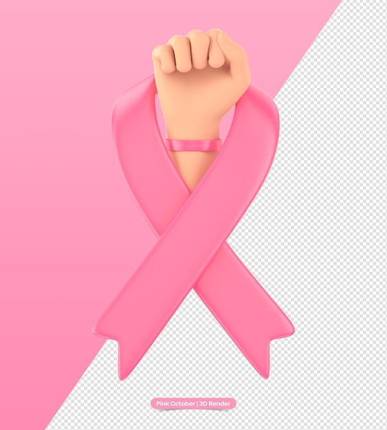 PSD 3d rendering of pink october ribbon with hand