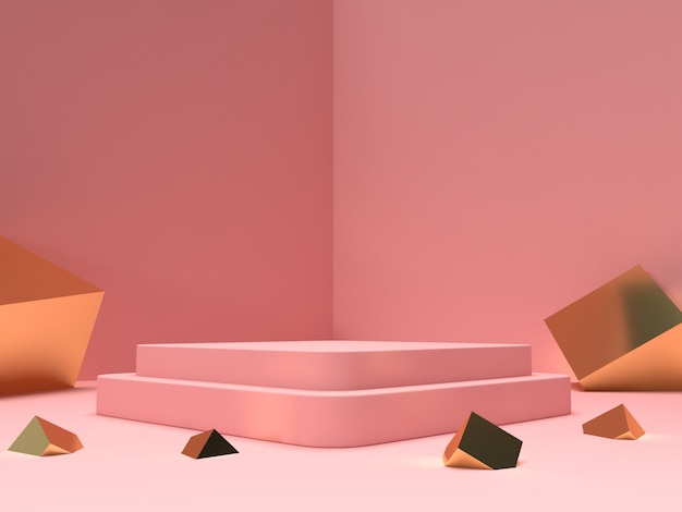 3d che rendono il pastello rosa e il prodotto dell'oro stanno su fondo