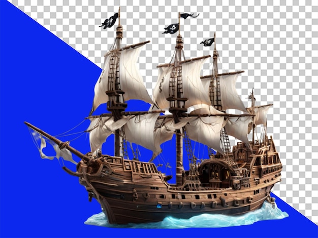 Rendering 3d di una nave pirata su uno sfondo trasparente