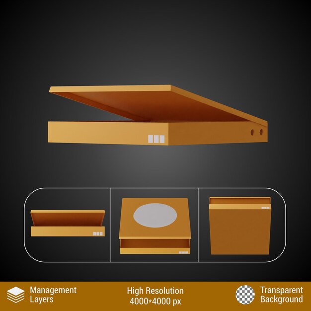 PSD 3d rendering pizza doos open plat icoon perspectief verschillende weergave