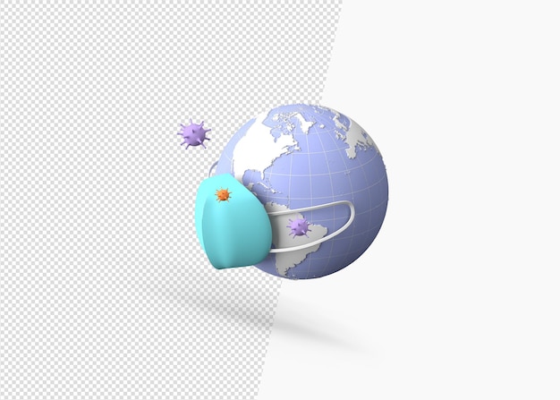PSD 3d-rendering planeet aarde met een medisch masker