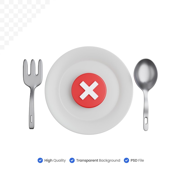 PSD 3d rendering plate with cutlery and cross symbol isolated