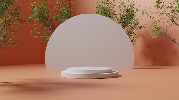 3d rendering podium on brown background with trees