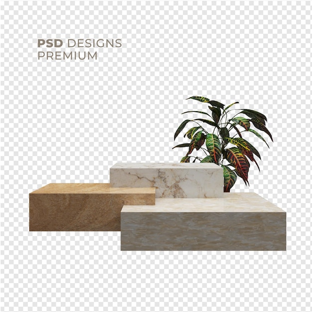 PSD 3d rendering podium marble near potted plant decoration