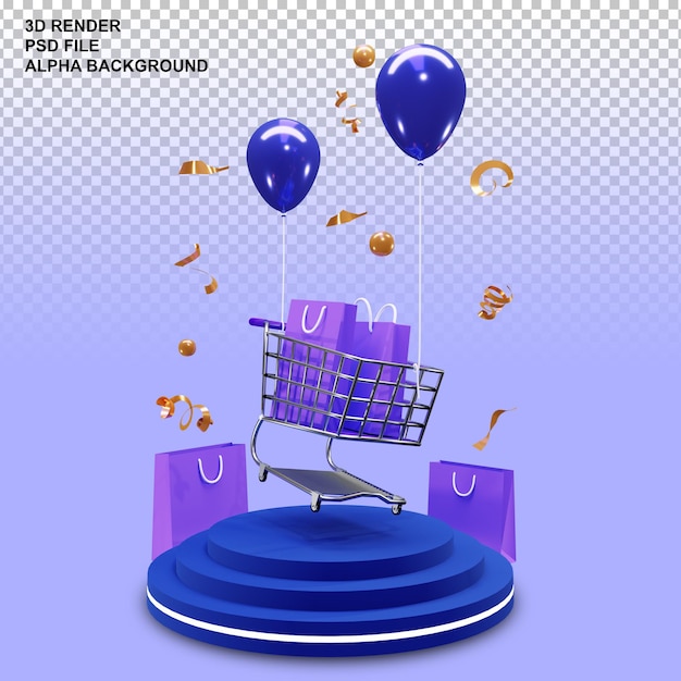 PSD 3d rendering of podium with flying shopping chart and colorful balloons transparant background