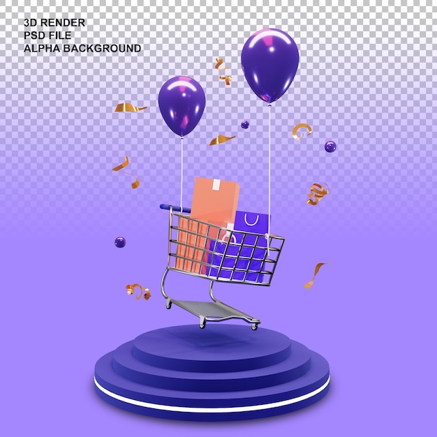 PSD 3d rendering of podium with flying shopping chart and colorful balloons transparant background