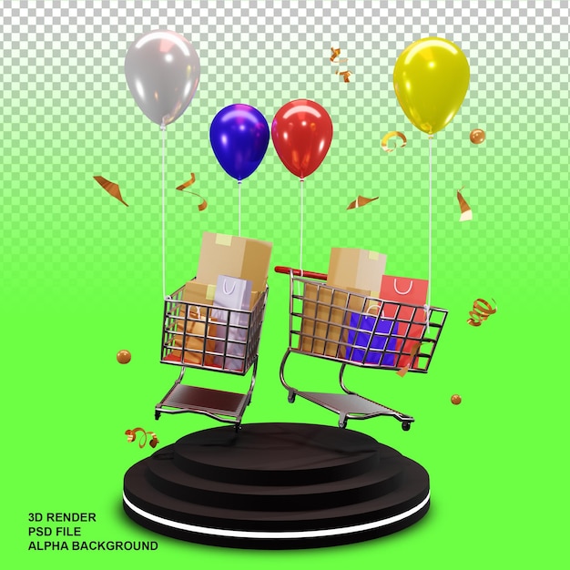 3d rendering of podium with flying shopping chart and colorful balloons transparant background