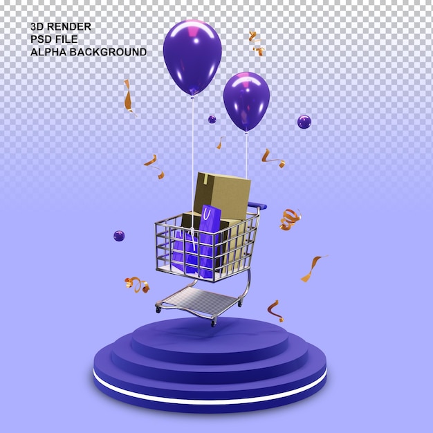 3d rendering of podium with flying shopping chart and colorful balloons transparant background