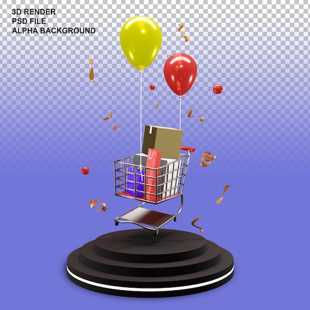 3d rendering of podium with flying shopping chart and colorful balloons transparant background
