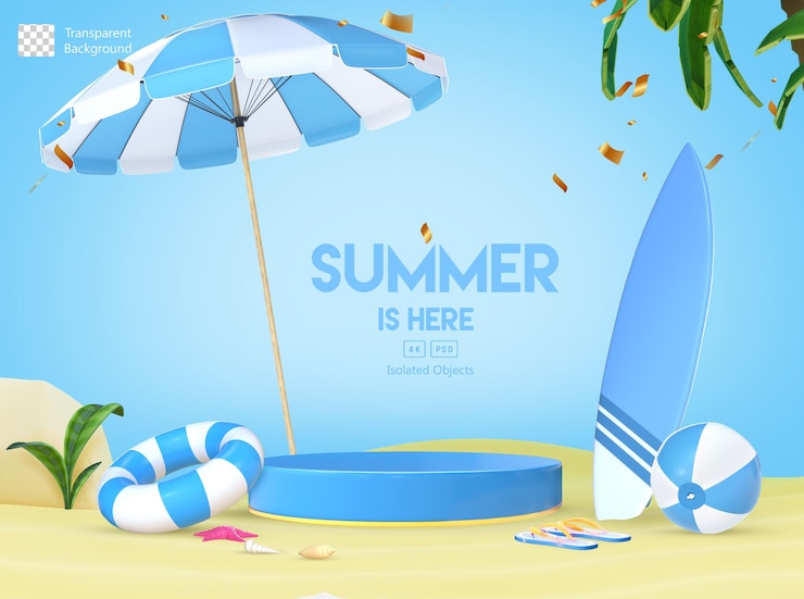PSD 製品配置のための白と青の夏のオブジェクトを持つ 3 d レンダリング表彰台